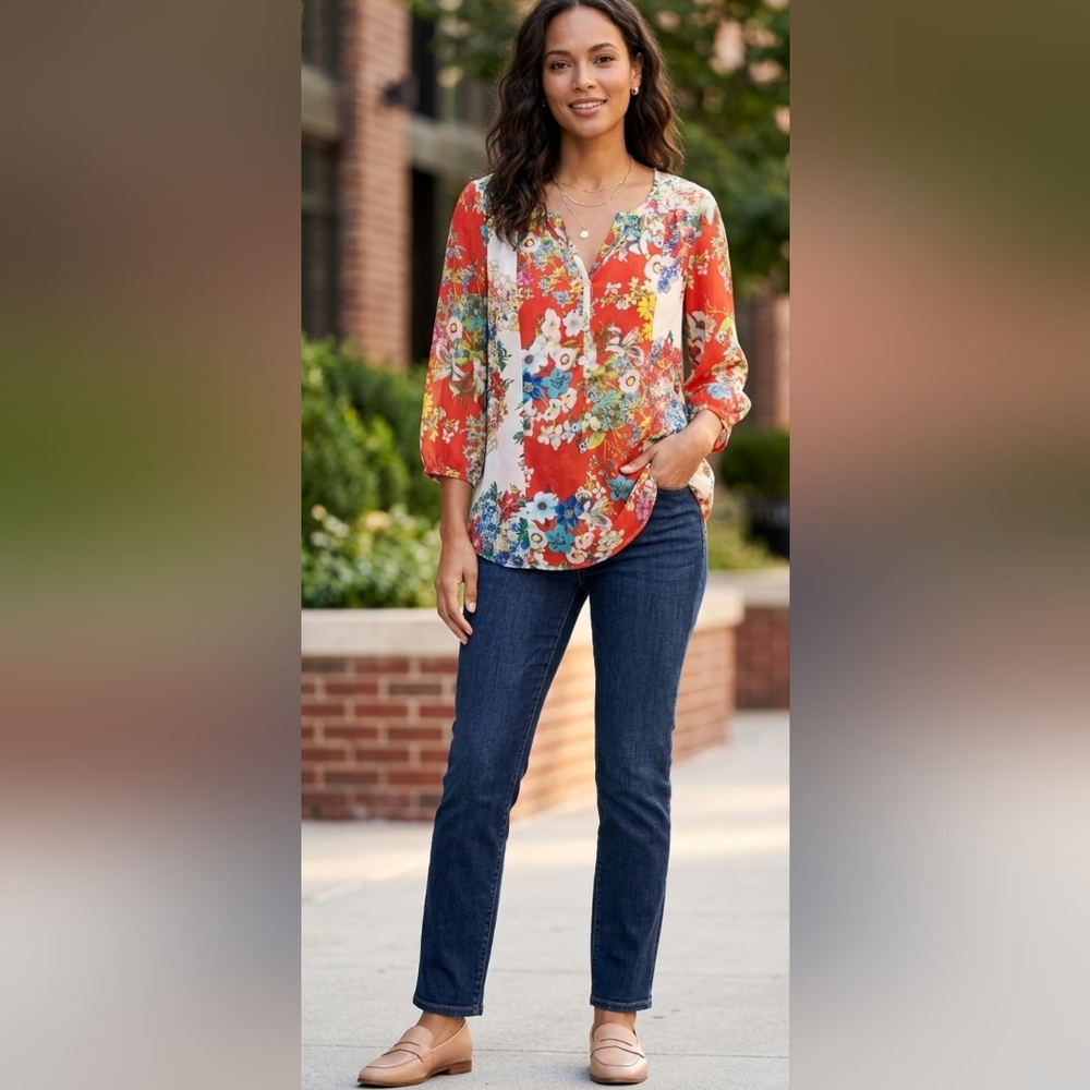 Orange Floral Blouse 3/4 Sleeves Sz M EUC Fig and Flower Brand